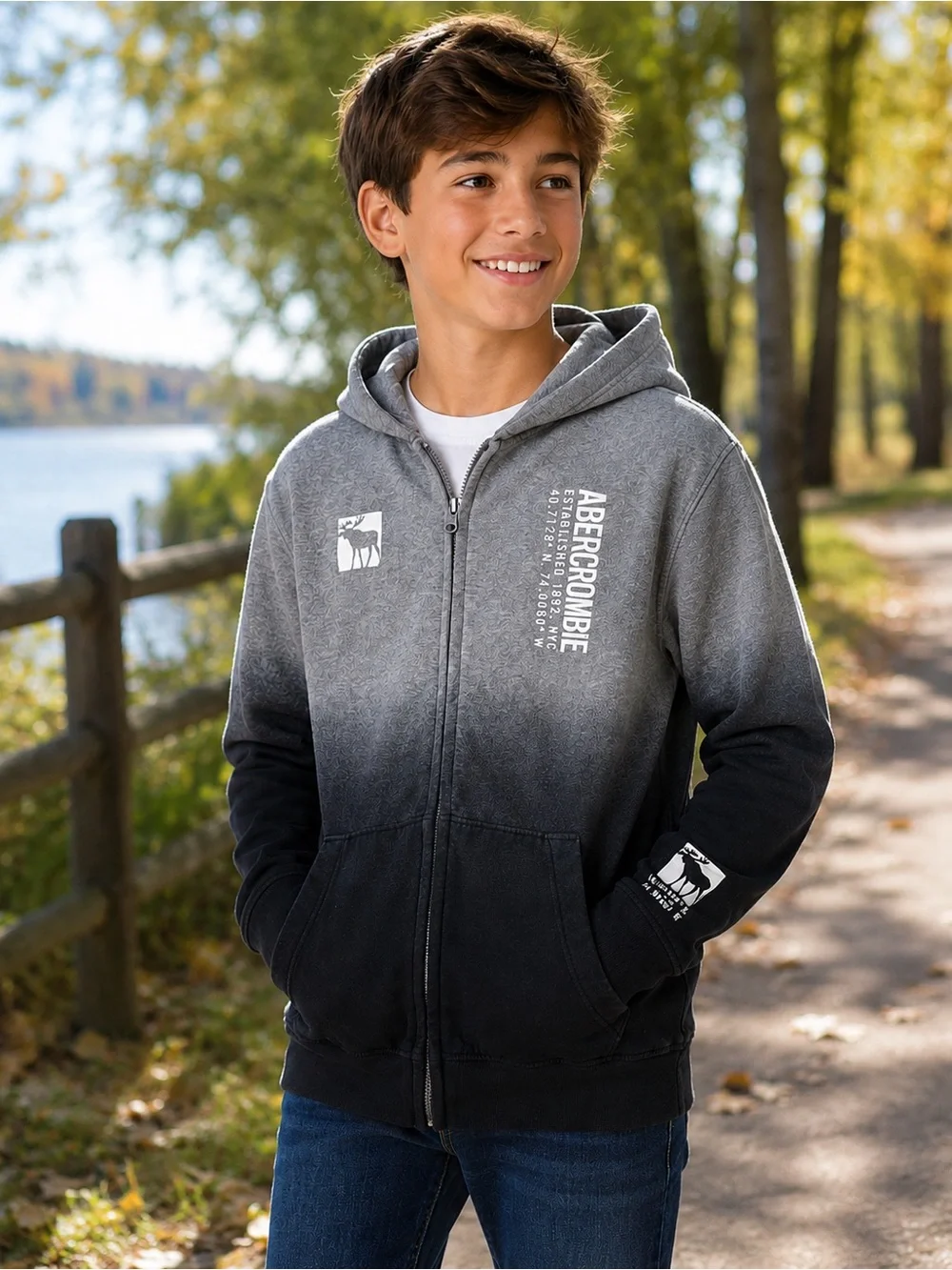 Abercrombie Kids Boys Ombre Full Zip Hoodie Gray Black Size 13/14